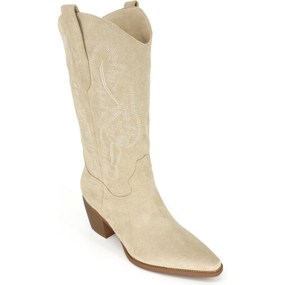 Women Pu Bone White Knee High Pointed Toe Block Heel Cowboy Western Boots - Picture 8 of 8